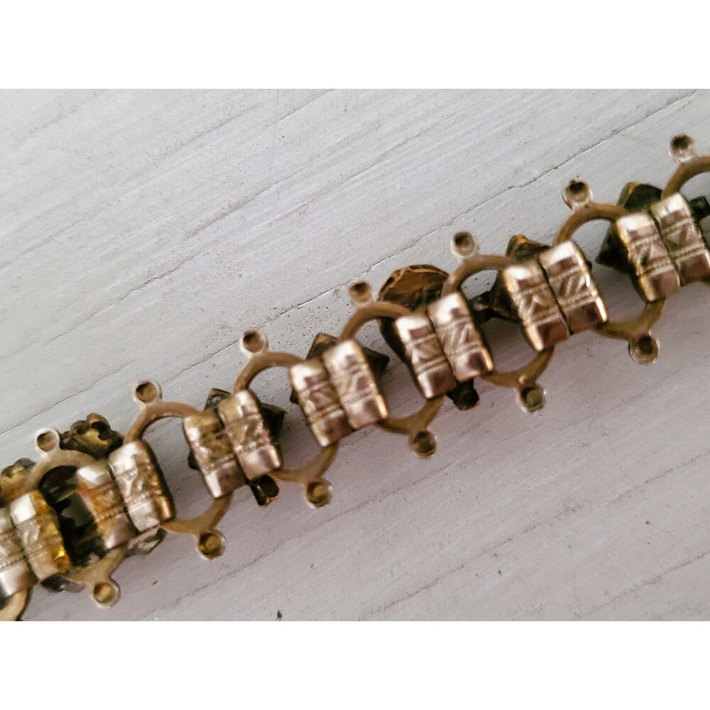 Victorian Revival Brass Filigree Faux Pearl & Glass Stone Bracelet - Picture 5 of 9